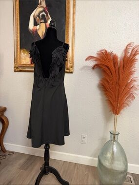 Source Unknown Black Backless Dress with Leaf Applique Straps